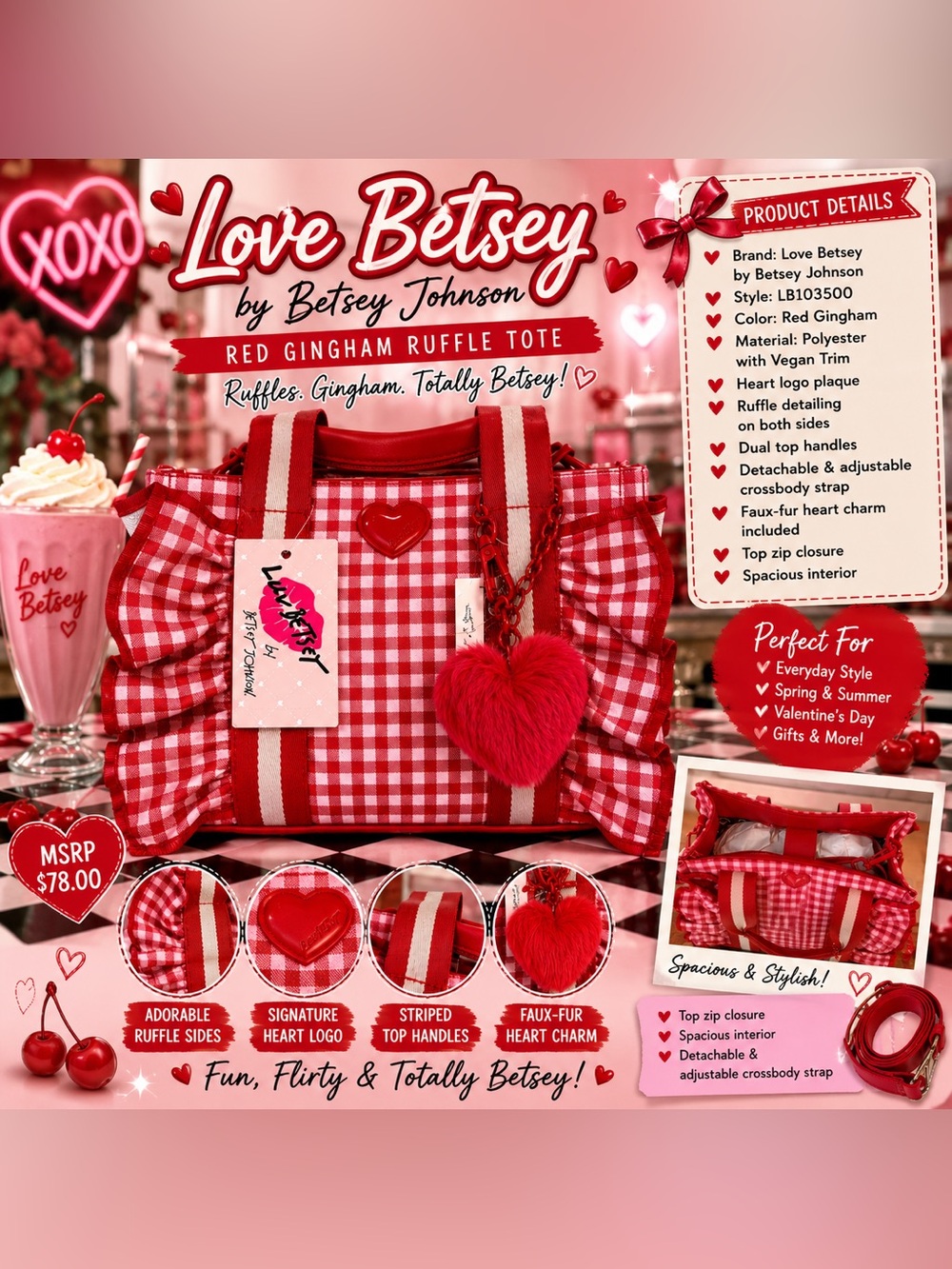 NWT Love Betsey by Betsey Johnson Red Gingham Ruffle Tote Crossbody Bag